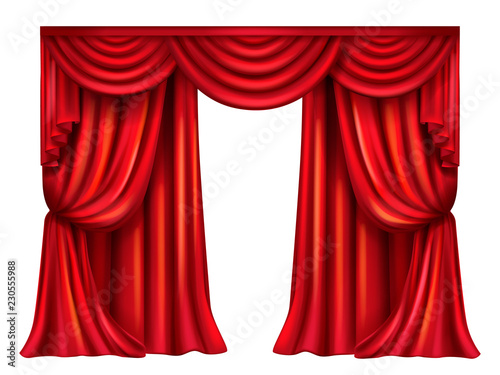 Vector silk, velvet theatrical curtain with folds isolated on white background. Decoration element for performance, premiere. Red elegant blinders. Great concept for presentation, announcement, show.