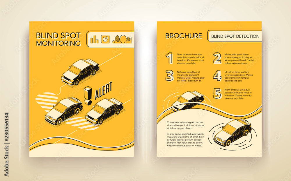 Blind spot monitoring assistance system brochure or flyer isometric vector  design template with cars equipped radar sensors moving on road line art  illustration. Road accidents prevention booklet Stock Vector | Adobe Stock