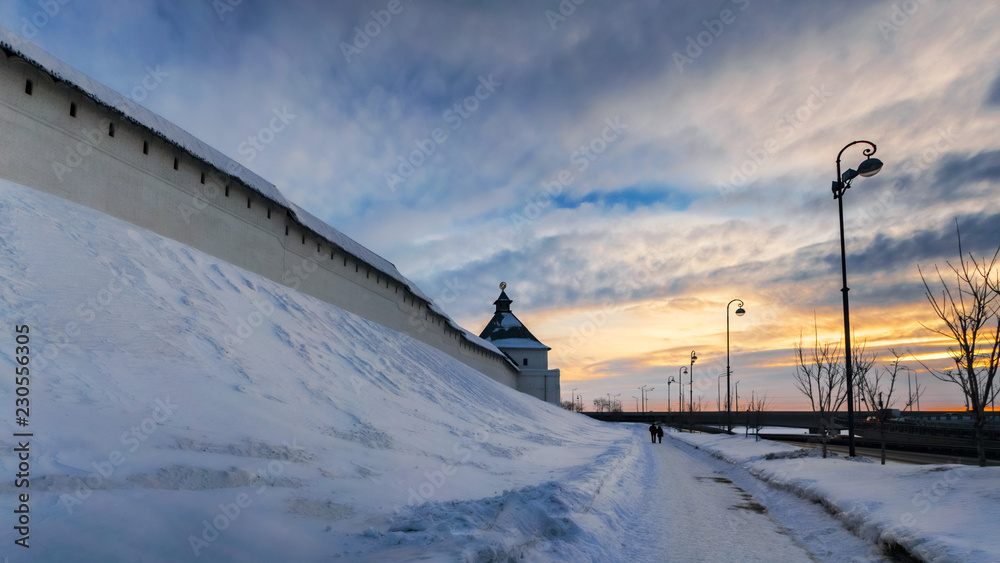 Kazan Kremlin wall with the preobrazheskoj tower at sunset