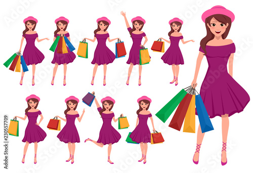 Shopping girl vector character set. Female cartoon characters holding shopping bag of fashion clothing with different postures isolated in white. Vector illustration.
