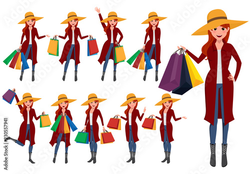 Shopping woman vector characters set. Girl shopper cartoon character wearing fashion clothing and holding shopping bag. Vector illustration.
