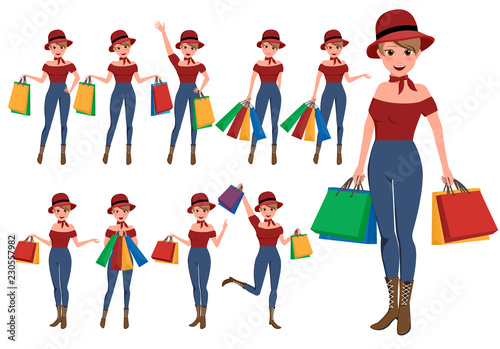 Shopping woman vector characters set. Girl store customer cartoon character holding shopping bags with different pose and hand gestures. Vector illustration. 