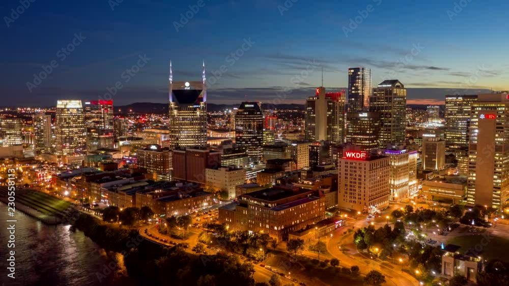 Tennessee Nashville Aerial v4 Cityscape hyperlapse flying low over East Bank industrial near riverfront to Arts District 10/18