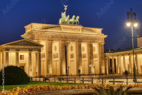 The beautifully illuminated Brandenburg Gate in Berlin at dawn