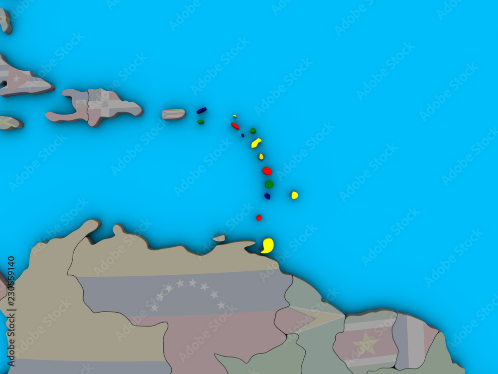 Fototapeta premium Caribbean with embedded national flag on blue political 3D globe.