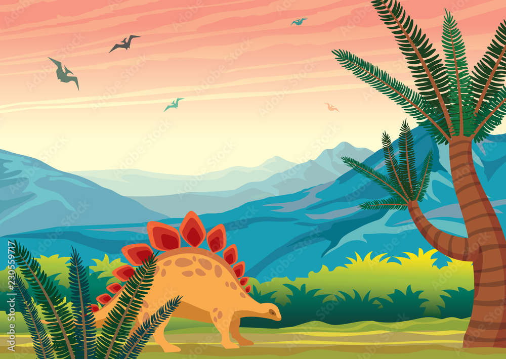 Fototapeta Prehistoryczny krajobraz z dinozaurami, górami i roślinami.