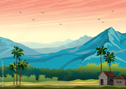 Tropical landscape - hut  mountains  palm tree.