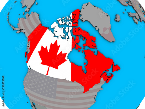 Canada with embedded national flag on blue political 3D globe.