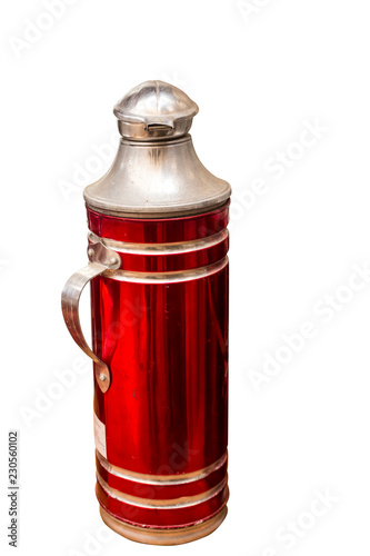 Red Thermos bottle the old heat, white backdrop.