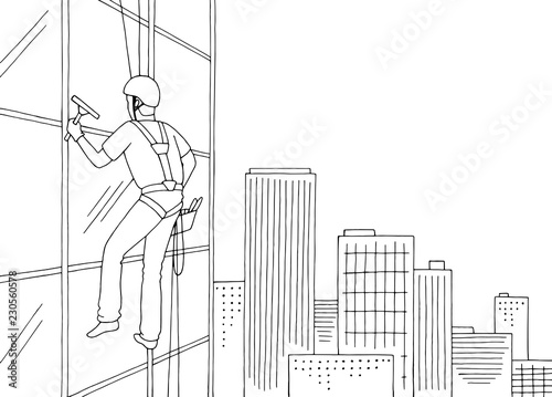 Industrial climber washing windows skyscraper graphic black white cityscape sketch illustration vector