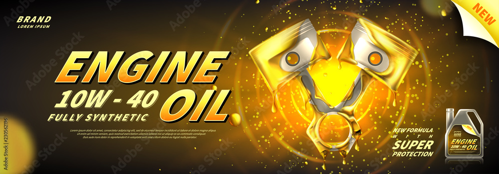 Engine oil advertisement banner. Vector illustration with realistic pistons  and motor oil on bright background. 3d ads template. Stock-Vektorgrafik |  Adobe Stock