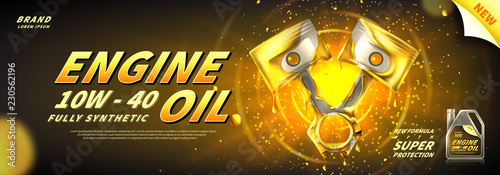 Engine oil advertisement banner. Vector illustration with realistic pistons and motor oil on bright background. 3d ads template.
