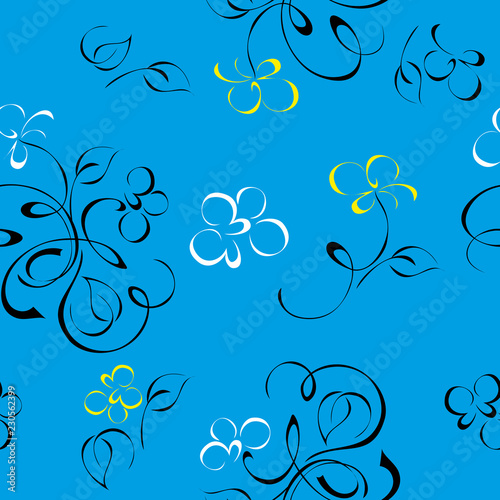 seamless pattern with abstract floral pattern in black lines on blue background