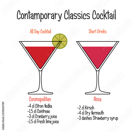 Cosmopolitan cocktail and rose cocktail vector recipe