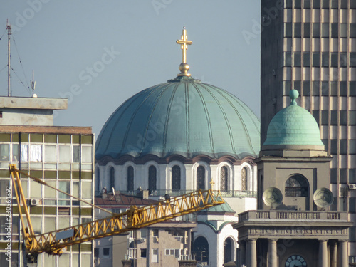 Dome of St. Sava temple trough the buildings,Belgrade,Serbia.