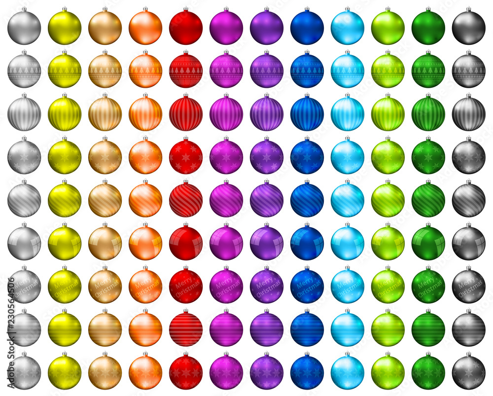 Colorful christmas baubles. Color spectrum of christmas balls isolated on white background. Photorealistic high quality vector.