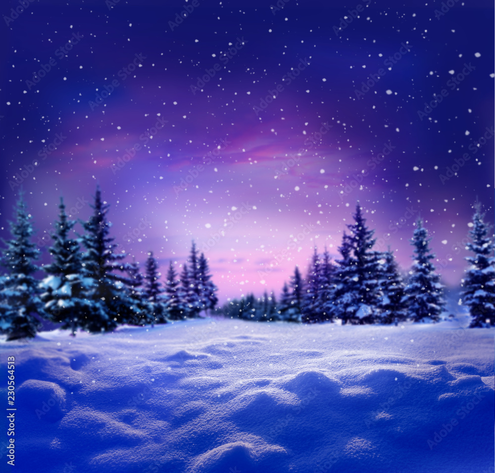 Beautiful winter night landscape with snow covered   background . Happy New Year greeting card with copy-space. Stock Photo |  Adobe Stock