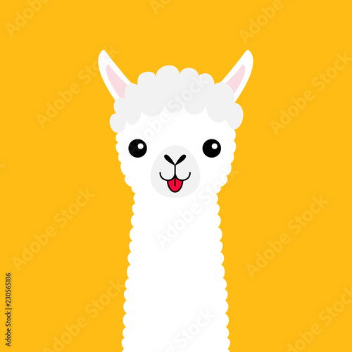Llama alpaca animal face neck. Cute cartoon funny kawaii character. Fluffy hair fur. Childish baby collection. T-shirt  greeting card  poster template print. Flat design. Yellow background.