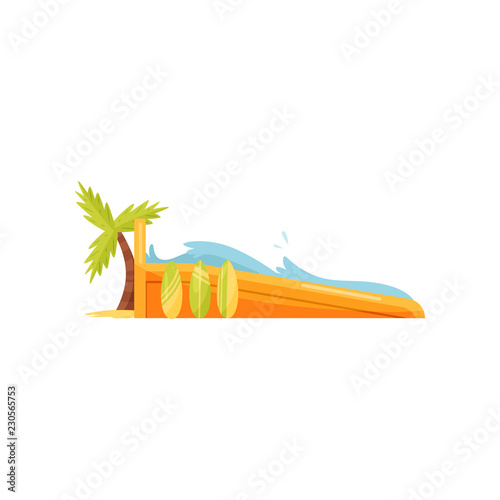 Surfing wave pool, surfboards and palm tree. Extreme water attraction. Aqua park equipment. Flat vector design