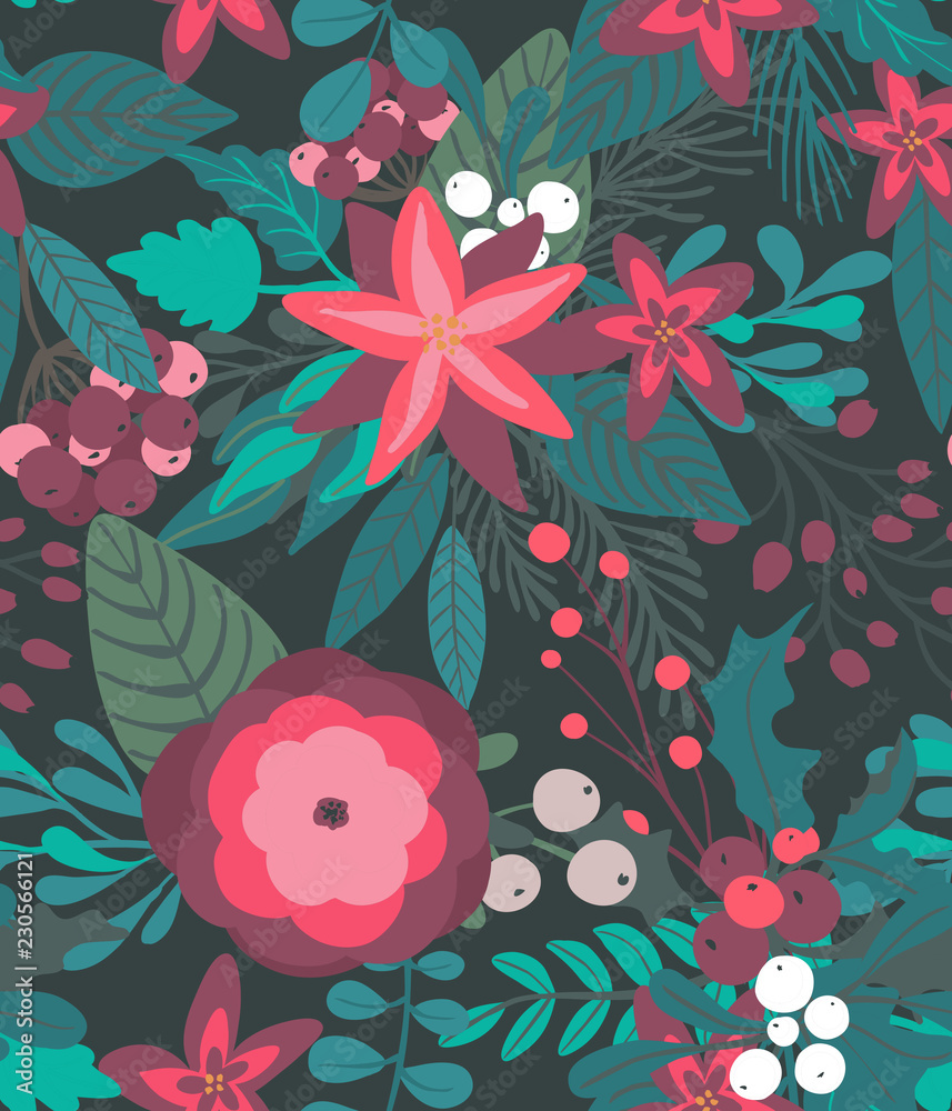 Fototapeta premium Christmas vector seamless pattern with flowers and branches