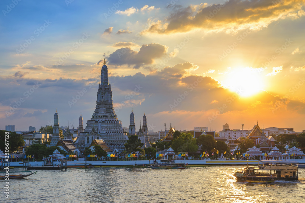 Bangkok Thailand, sunset city skyline at Wat Arun temple and Chao Phraya River