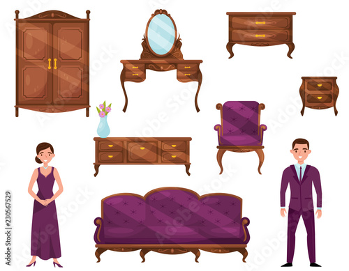 Flat vector set of classic wooden furniture and people in formal clothes. Vintage objects for home interior. Young man and woman