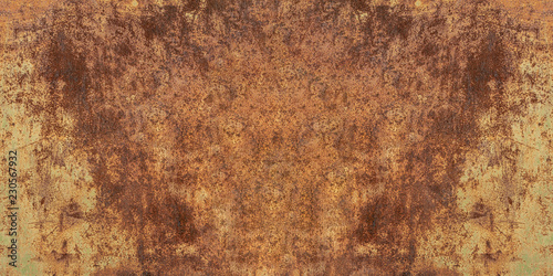 Panoramic abstract grunge rusted metal texture. Rusty corrosion and oxidized background. Worn metallic iron panel. Rough Surface Texture.