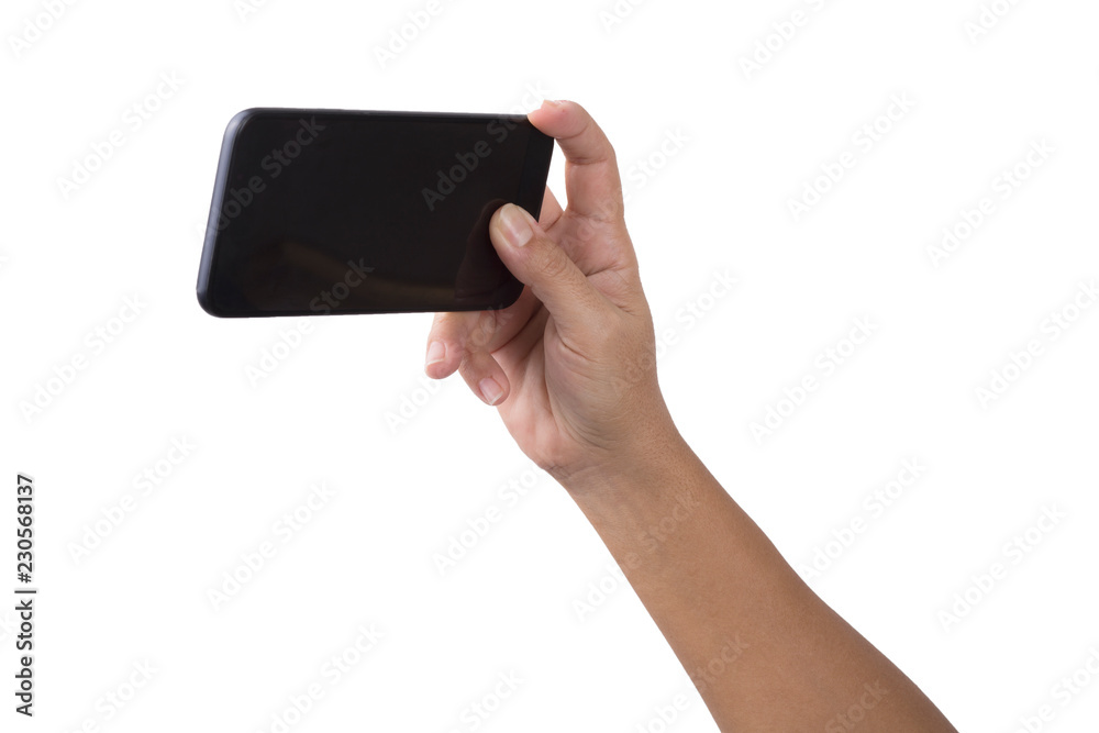 Hand gesture hold and using phone isolated on white background
