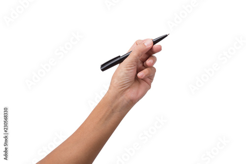 Holding female hand with pen on white background