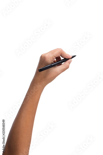 Holding female hand with pen on white background