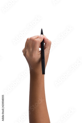 Holding female hand with pen on white background