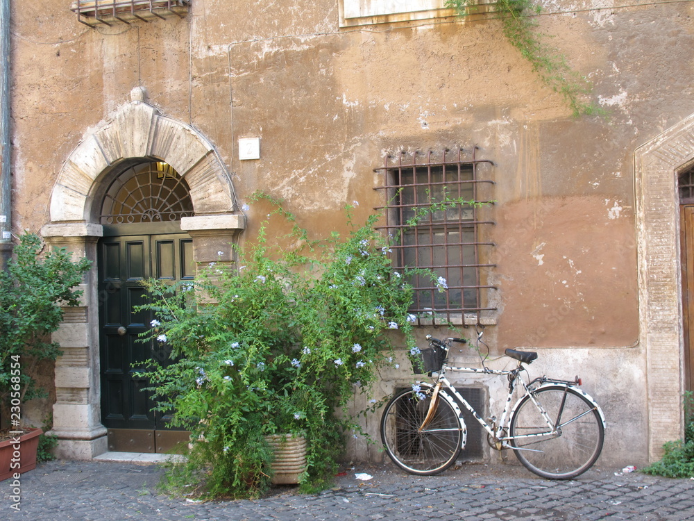 bicycle in front of old house