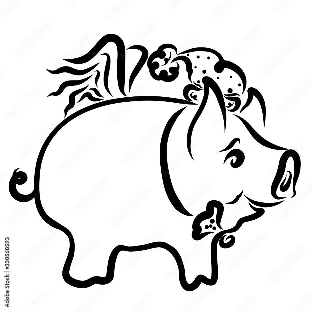 Joyful little round winged pig in a hat and bow tie Joyful little round winged pig in a hat and bow tie
