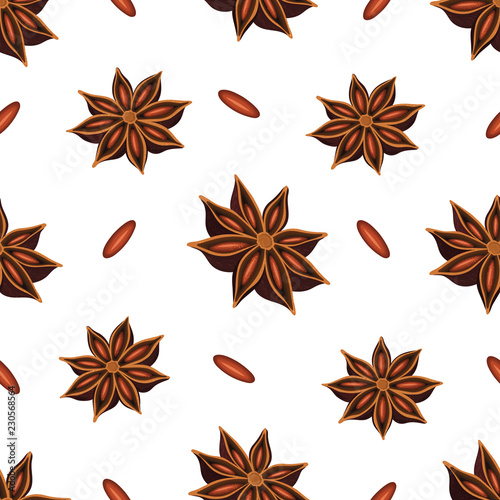 Seamless pattern with anise stars and anise seeds
