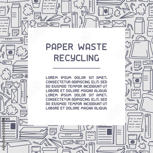 Waste paper recycling information  leaflet. Line style vector illustration. There is place for your text