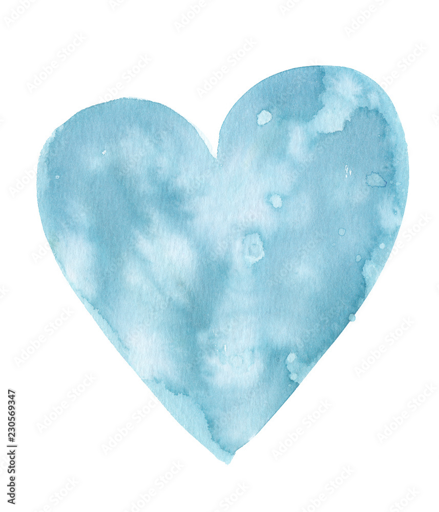 Simple abstract light blue heart painted in watercolor on clean white background