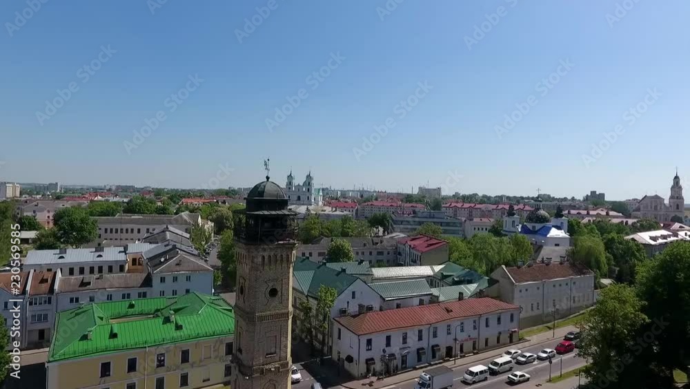 Aerial view of Grodno, Belarus. The historic city center with red tile roofs in perspective. Aerial view of Grodno, Belarus. The historic city center with red tile roofs in perspective.