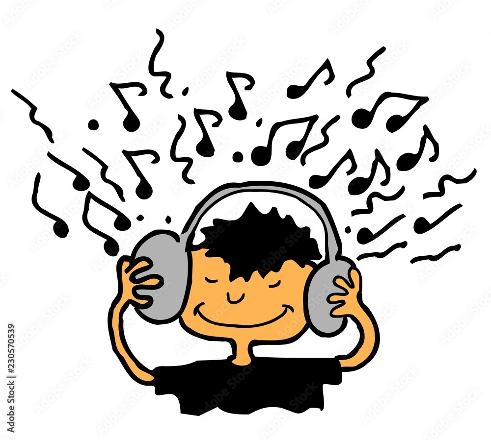Funny cartoon teenager character listening to music with headphones Stock  Vector | Adobe Stock