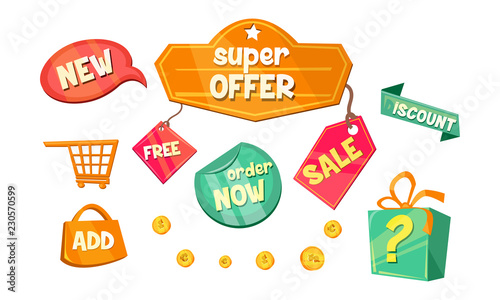 Promotional badges and sale tags set, super offer sale promotional signs, online web shopping symbols vector Illustration on a white background