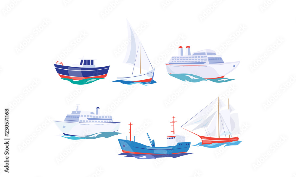 Water transport set, yacht, boat, cargo ship, steamship, fishing boat, cruise ship vector Illustration on a white background Water transport set, yacht, boat, cargo ship, steamship, fishing boat, cruise ship vector Illustration on a white background