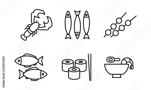 Japanese cuisine dishes set, Asian food black line icons vector Illustration on a white background