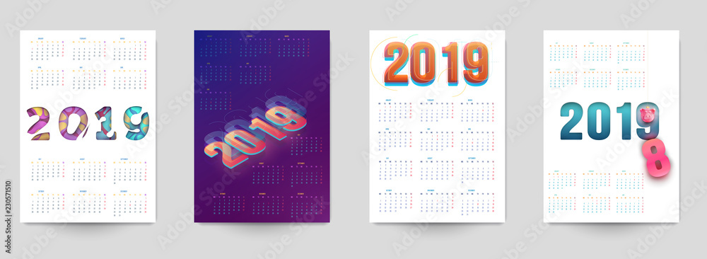 Happy new year design vector illustration concept. Set of minimalistic trendy background for branding banner, cover, poster, greeting card. Modern colorful number 2019.