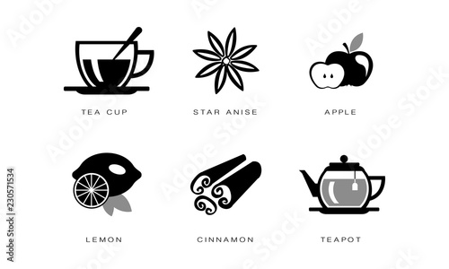 Tea icons set, tea cup, star anise, apple, lemon, cinnamon, teapot vector Illustration on a white background