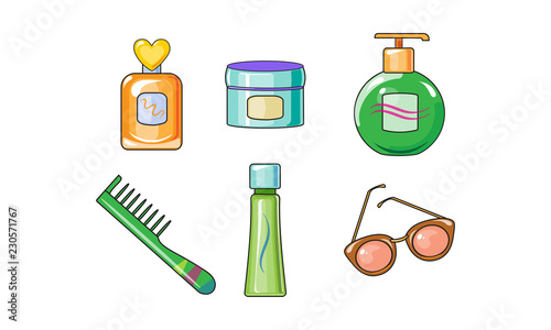 Collection of woman cosmetics and accessories, body care objects vector Illustration on a white background