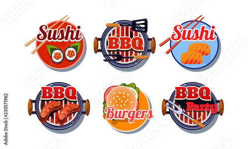 Fast food logo set, sushi, barbecue, burger badges vector Illustration on a white background