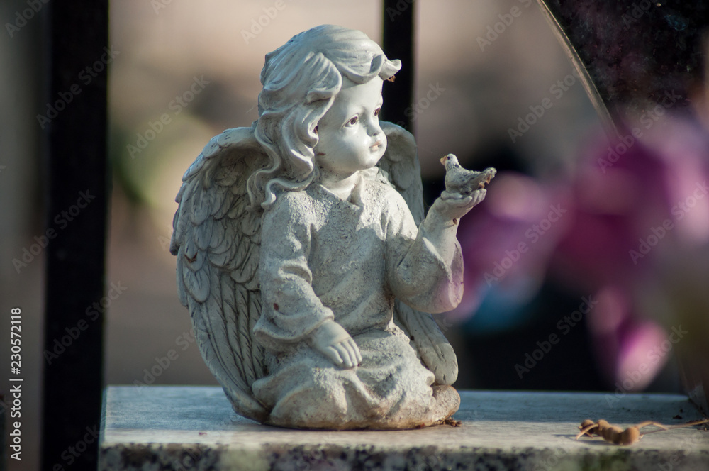 closeup of stoned angel on tomb in a cemetery