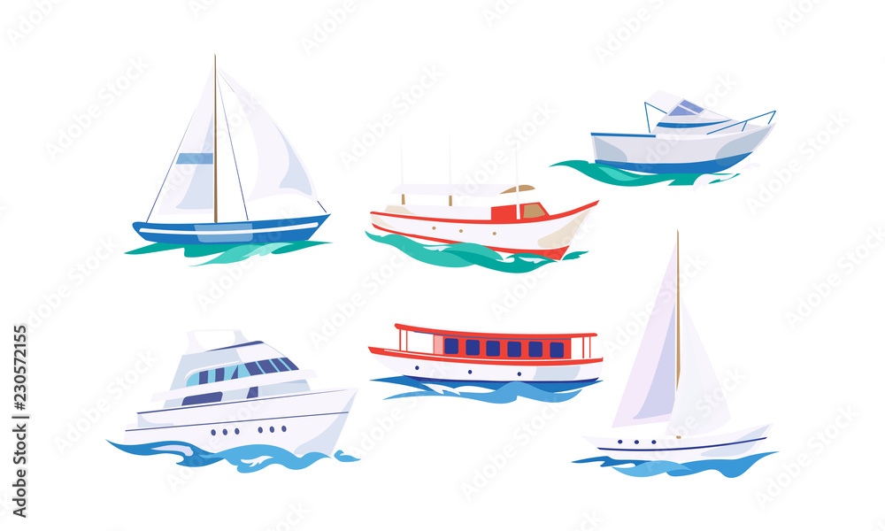 Obraz premium Water transport set, yacht, motorboat, steamship, fishing boat, cruise ship vector Illustration on a white background