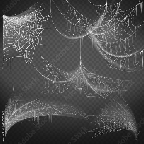 Vector illustration of spiderwebof various shapes, white spooky cobweb isolated on black background. Sticky hanging net, spider trap to catch insects. Hand drawn silhouette, decor for Halloween design
