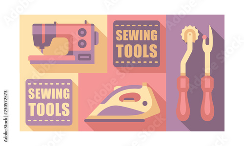 Sewing tools set, tailoring and dressmaking craft elements vector Illustration