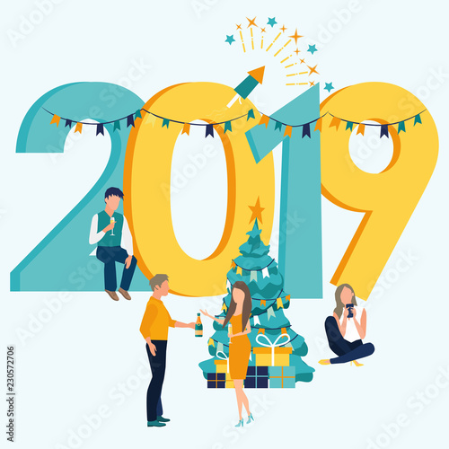 Business people and friends celebrating New Year. Colorful vector illustration in flat cartoon style. Inscription New Year 2019. Christmas tree. Gift boxes. Fireworks. Bottle of champagne and glasses.